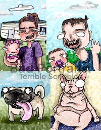 a cartoon of a family with a dog and a pug