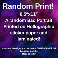 random bad portrait printed on holographic sticker and laminated
